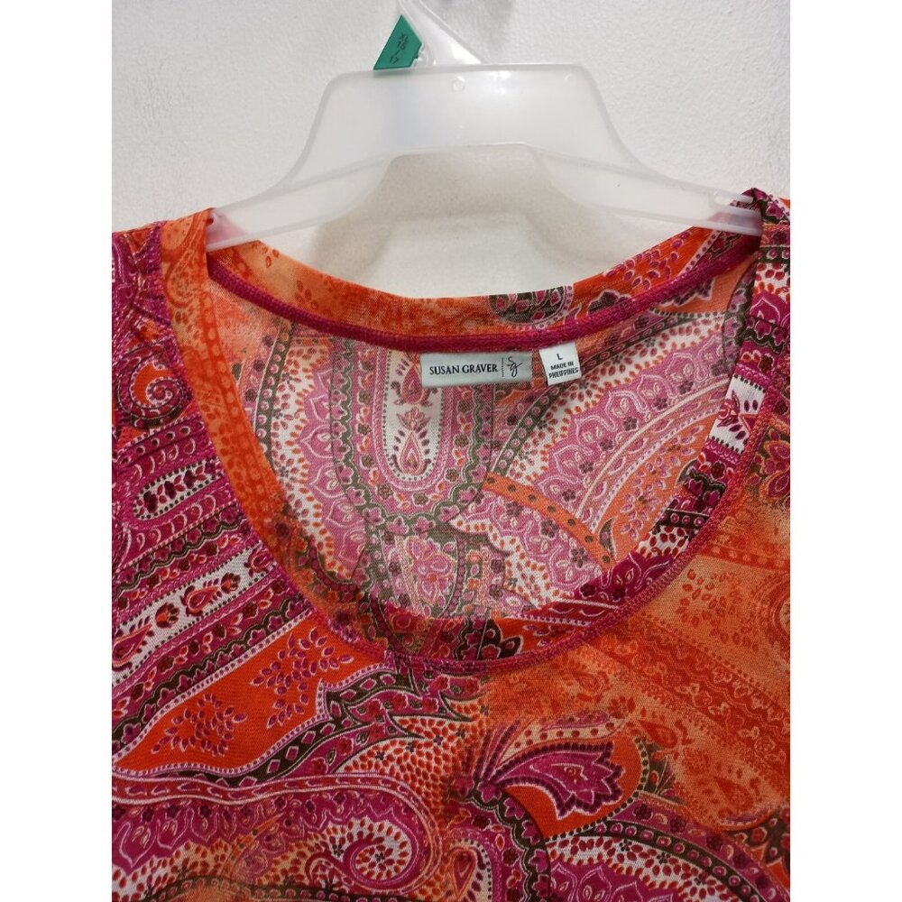 Susan Graver Womens Tank Top Size Large Orange Pink Paisley BOHO Beach - Picture 3 of 7